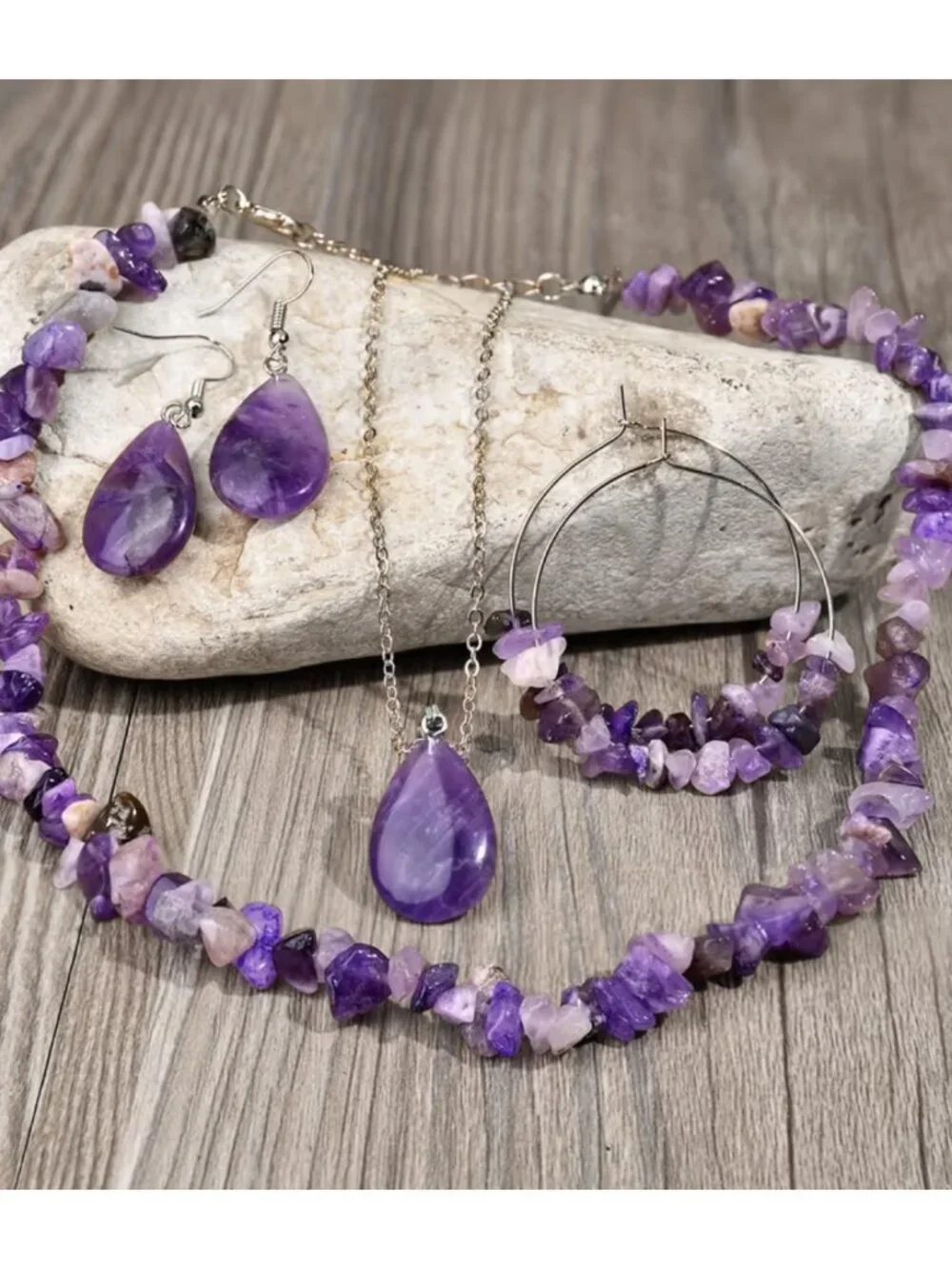 NWT White Gold Plated Amethyst Crystal Jewelry Set Boho Layered Necklace Earring